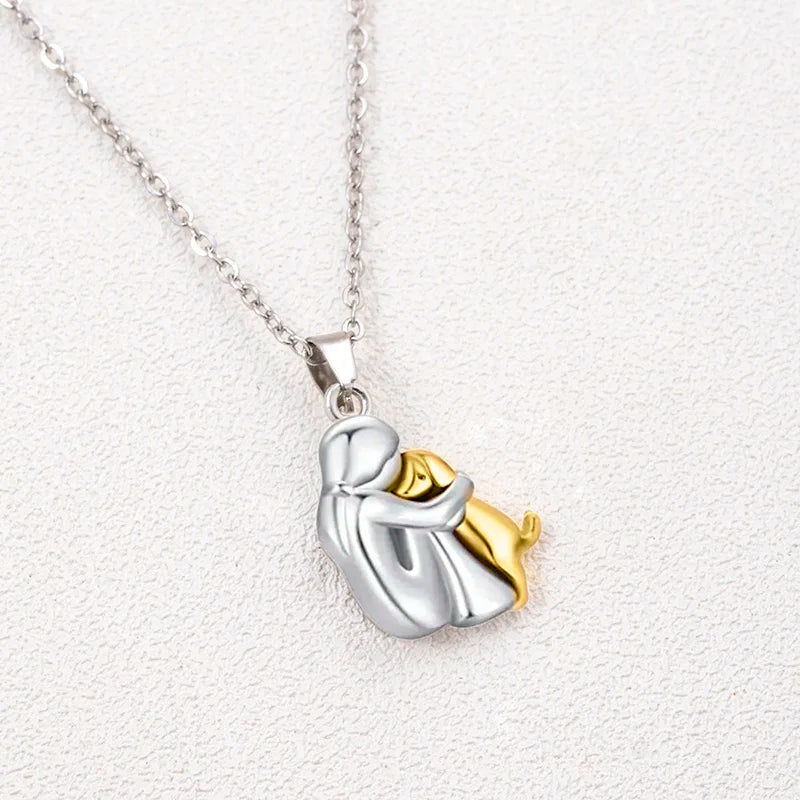 Cute Two Tone Color Girl Hugged Dog Necklace Fashion Women and Pet Pendant Jewelry Accessories